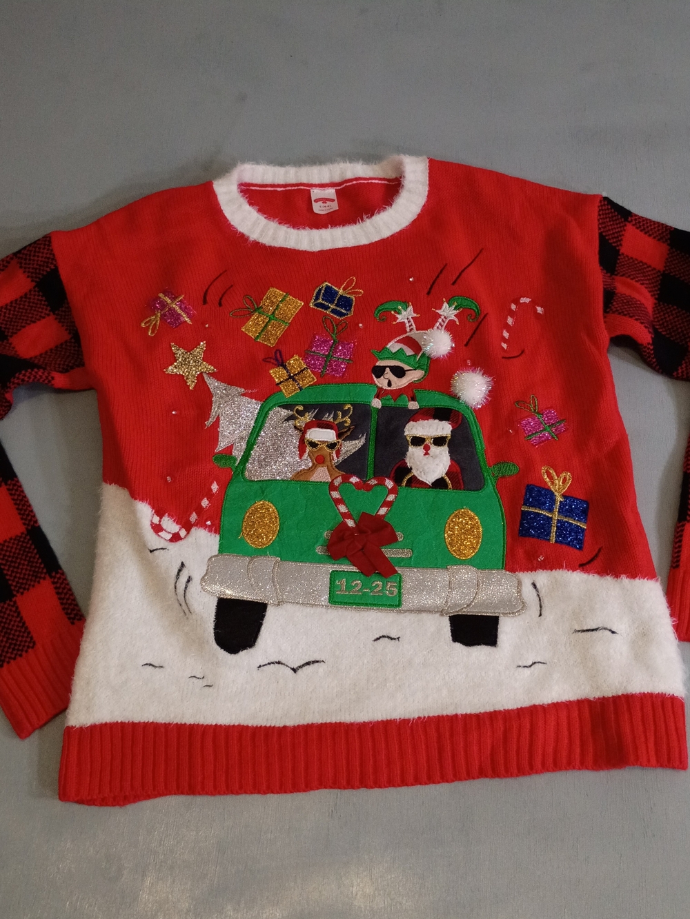 Kids Red Holiday Sweater Shirt with Festive Car Graphic